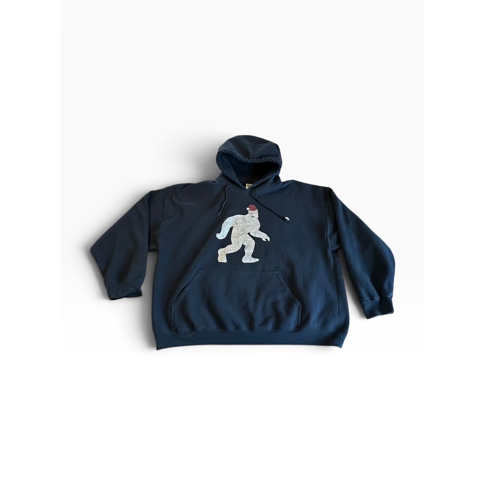 Gildan Bigfoot Santa Hoodie Mens 2XL Navy Blue Christmas Sasquatch